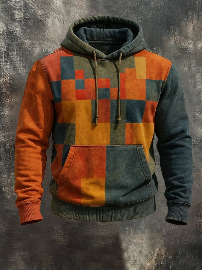 Men's Retro Distressed Color Block Print Casual Long Sleeve Sweatshirt