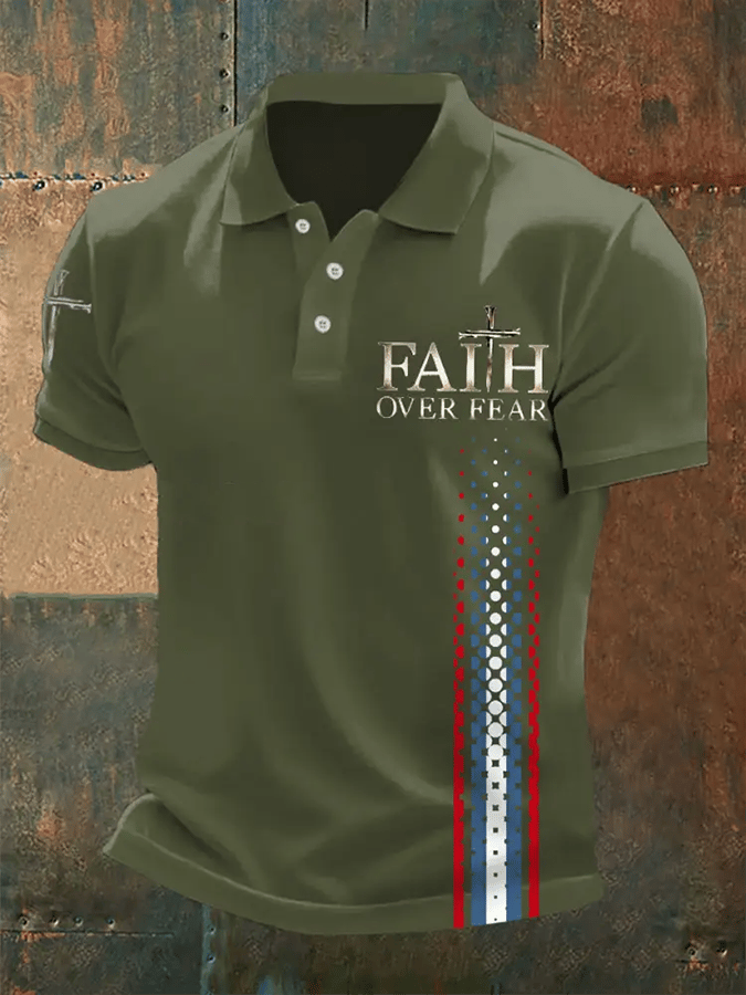 Men's Retro Faith “Faith Over Fear�? Casual Printed Polo Shirt