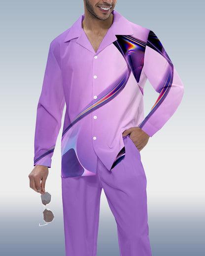 Men's Purple Gradient Print Long Sleeve Shirt Walking Suit 357