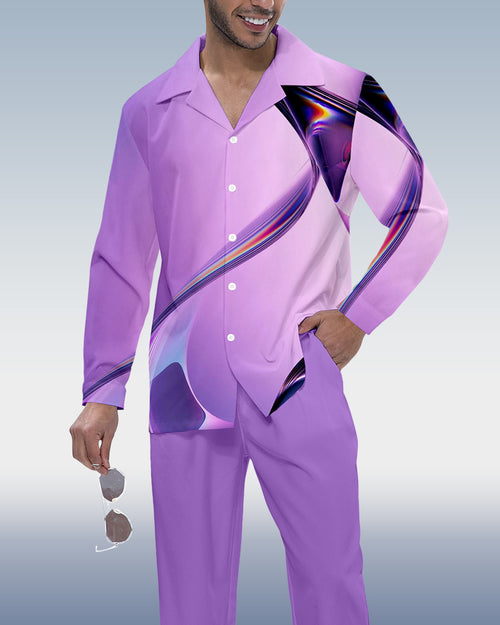 Men's Purple Gradient Print Long Sleeve Shirt Walking Suit 357