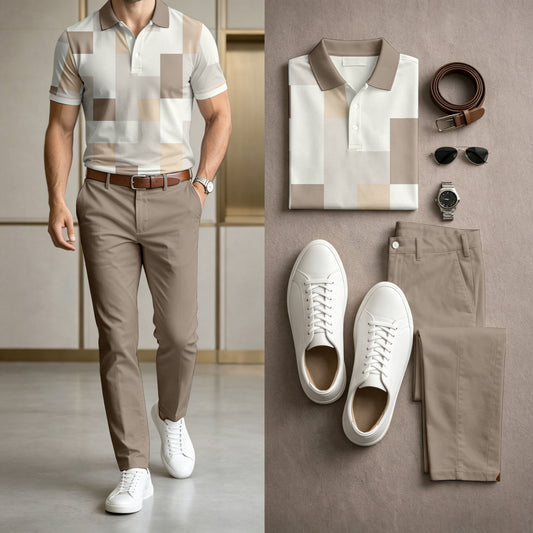 Men's Casual Gray Geometry Printed Polo Shirt And Pants Two-Piece Set