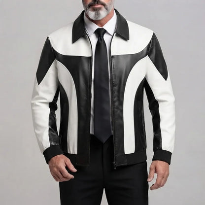 Men's Navy Blue PU Leather Colorblock Turndown Collar Zip-Up Jacket