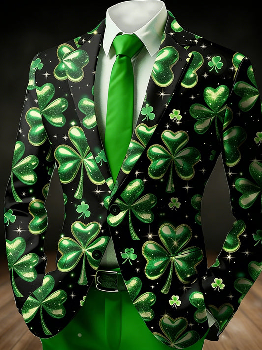 St. Patrick Men's Four Leaf Clover Blazer Jacket Coat Men's Vintage Coat Blazer with Graffiti