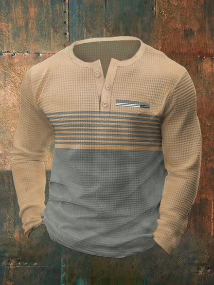Men's Vintage Waffle Color Patch Henley Neck T-Shirt