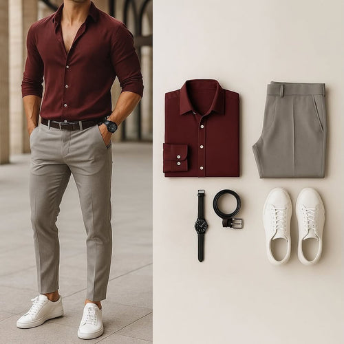 Men's Business Casual Claret Shirt And Trousers Two-Piece Set