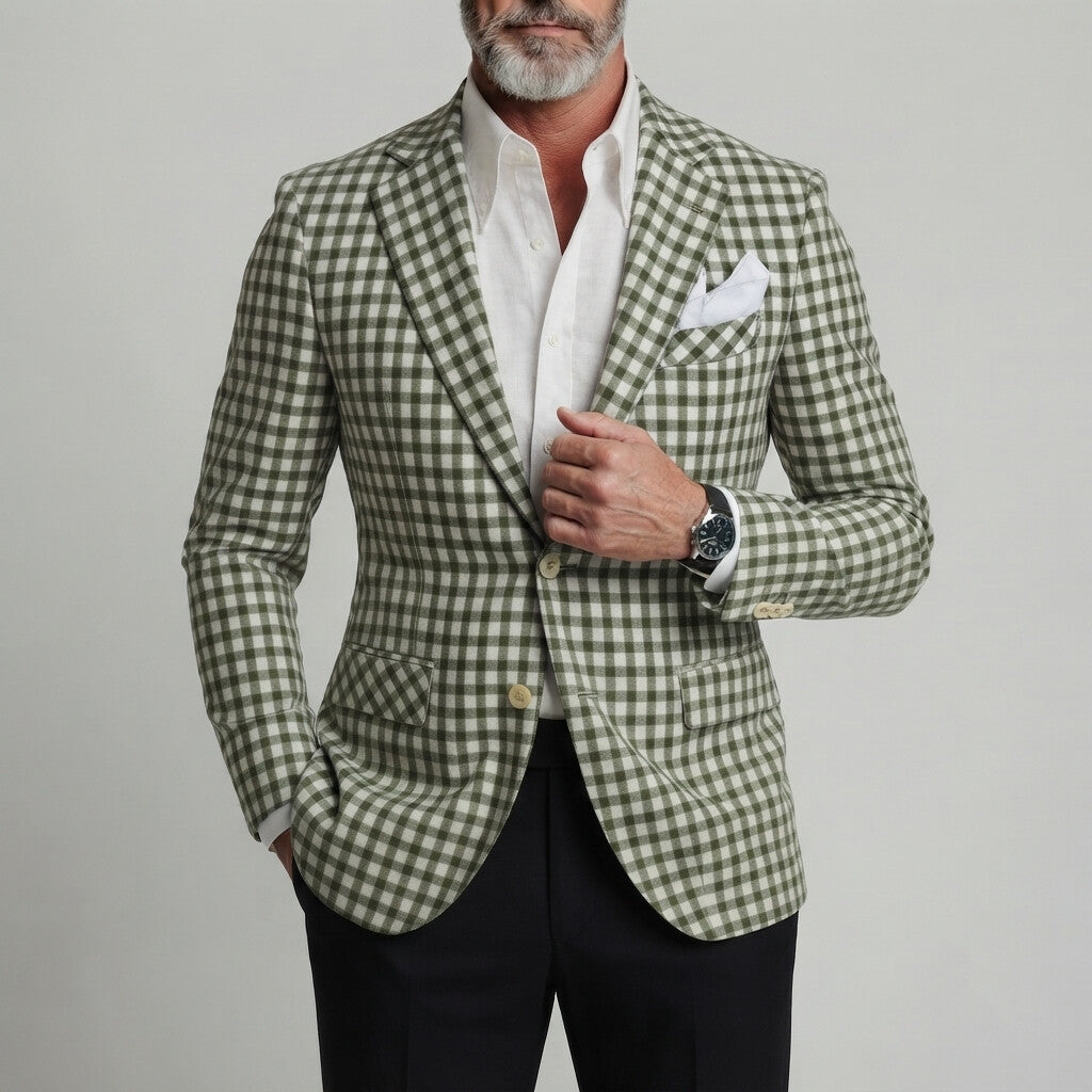 Men's Classic Green Gingham Print Single Breasted Notch Lapel Slim Fit Blazer