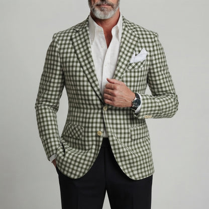 Men's Classic Green Gingham Print Single Breasted Notch Lapel Slim Fit Blazer