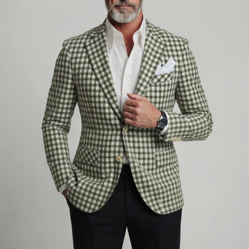 Men's Classic Green Gingham Print Single Breasted Notch Lapel Slim Fit Blazer