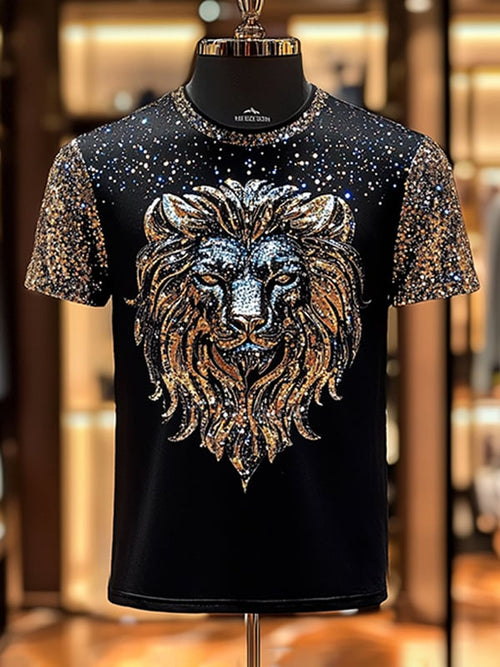 Men's Business Lion Sequin Print Short Sleeve T-Shirt