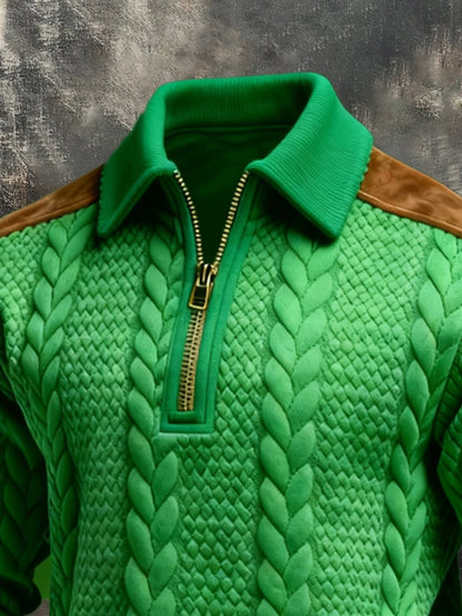 Men's Retro Jacquard Textured Patchwork Comfortable Color-Blocked Zip-Up Sweatshirt
