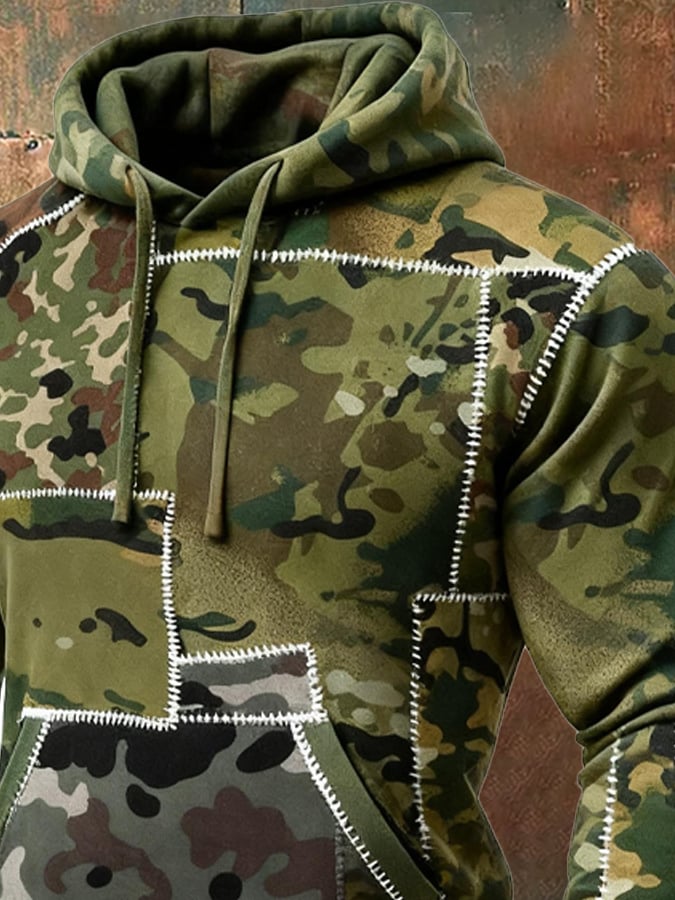 Men's Retro Distressed Color Block Camouflage Print Casual Long Sleeve Sweatshirt