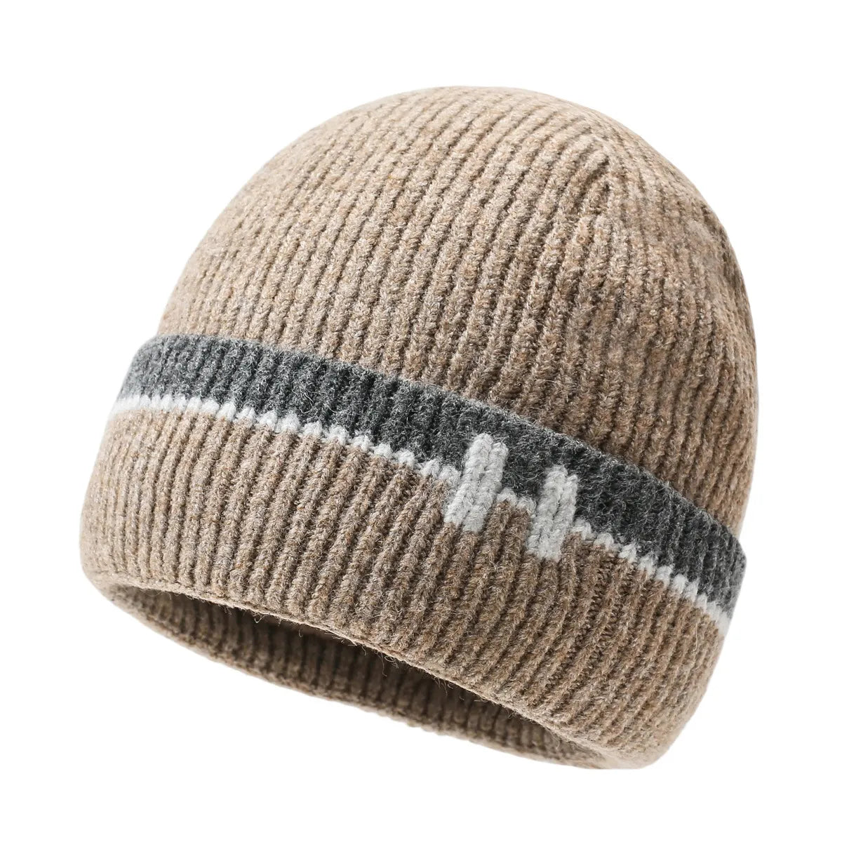 Men's Navy Blue Ribbed Knit Contrast Stripe Fold-Over Brim Fleece Lined Beanie Hat