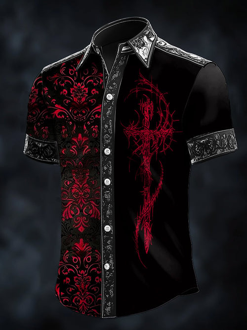 Men's Casual Fashion Dark Pattern Cross Contrast Satin Shirt