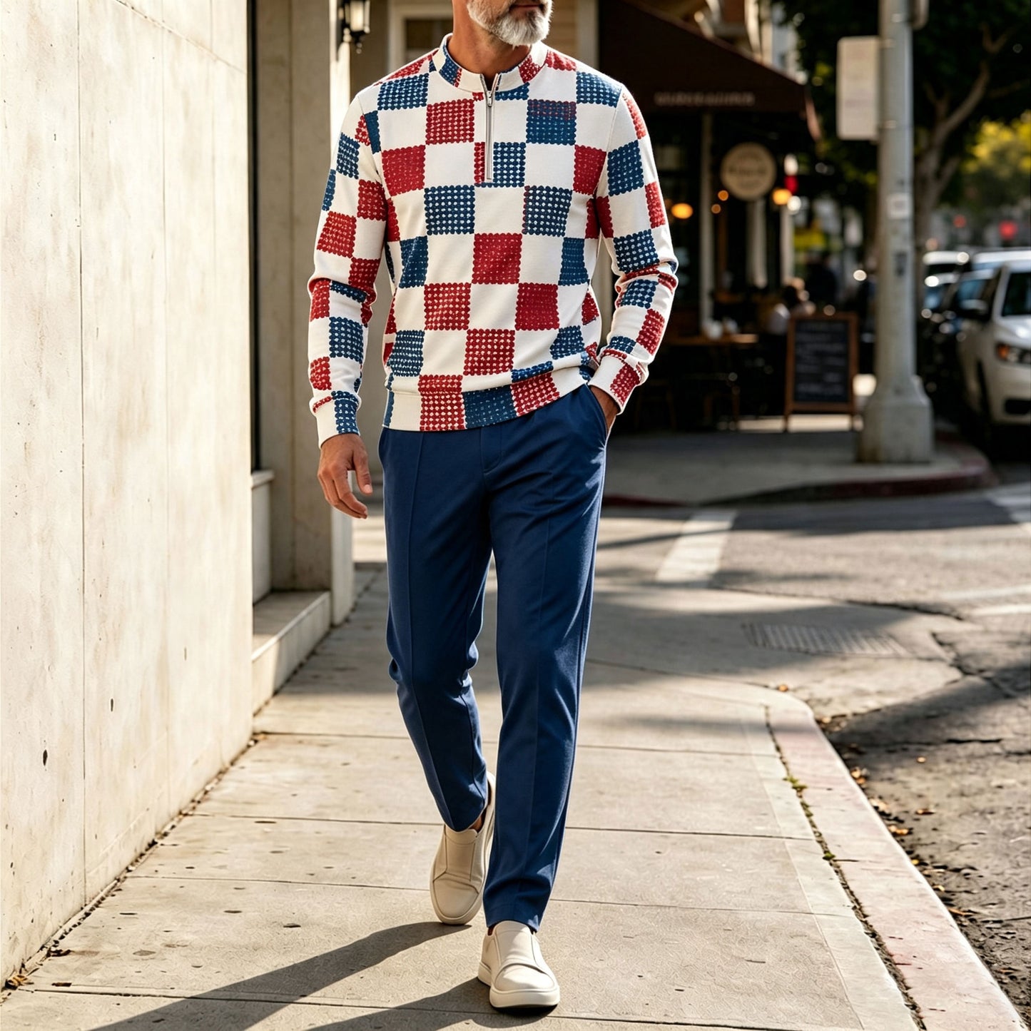 Men's Two-Tone Checkered Round-Neck Zipper Long-Sleeve Shirt and Pants Set