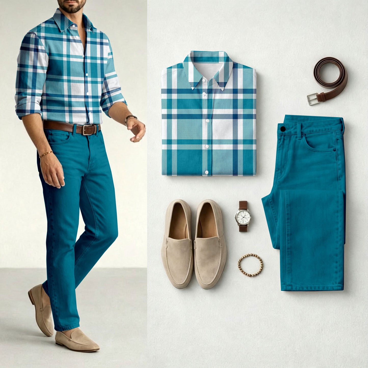 Men's Color-Blocked Checkered Long-Sleeve Shirt and Jeans Set