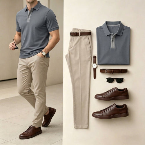 Men's Light Gray Color Short Sleeved Polo Shirt & Pants Two-Piece Set