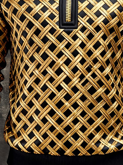 Men's Retro Color Block Print Zipper Sweatshirt