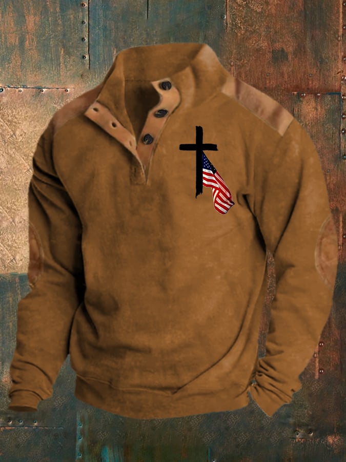 Men's Retro Western Color Block  Belief Print Long Sleeve Sweatshirt