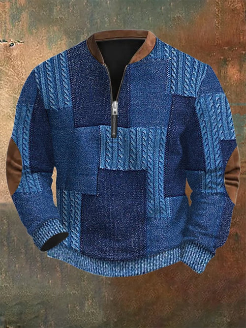 Men's Retro Western Textured Print Zip Collar Sweatshirt
