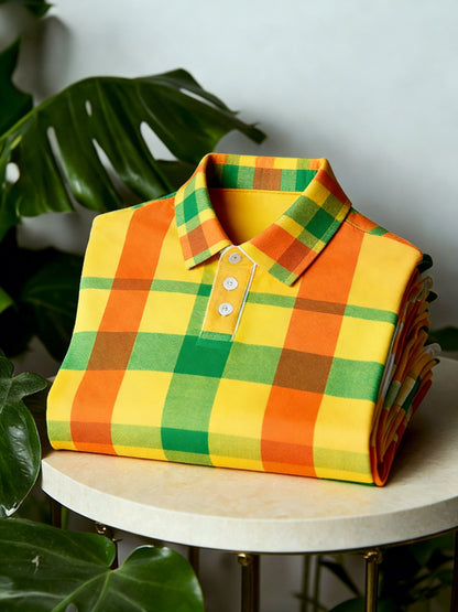 Men's Business Casual Button Short Sleeve Plaid Yellow Polo Shirt