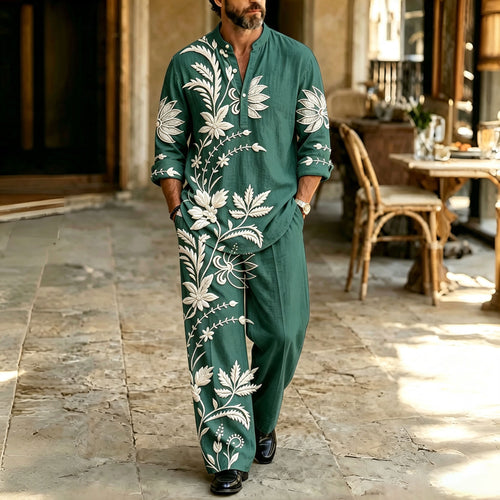 Men's Green Stand-Collar Polo Shirt and Pants Set