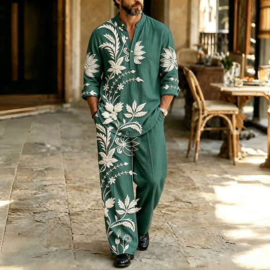 Men's Green Stand-Collar Polo Shirt and Pants Set