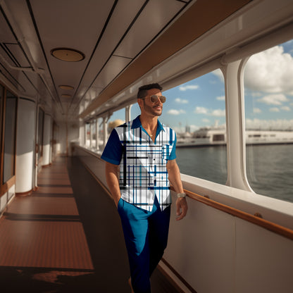 Men's retro colorblock short-sleeved shirt walking Suit 1680