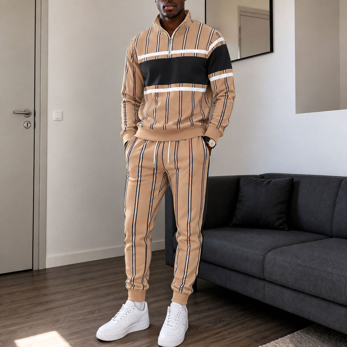 Men's Printed Zipper Stand-Up Collar Sweatshirt and Sweatpants Set