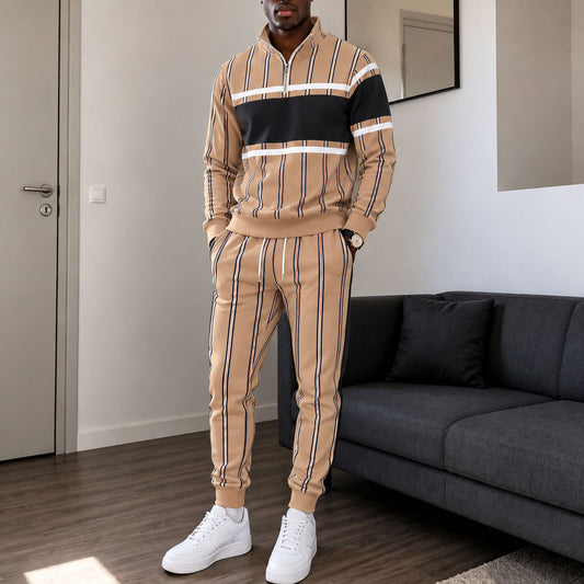 Men's Printed Zipper Stand-Up Collar Sweatshirt and Sweatpants Set