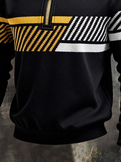 Men's Retro Color Block Print Zipper Sweatshirt
