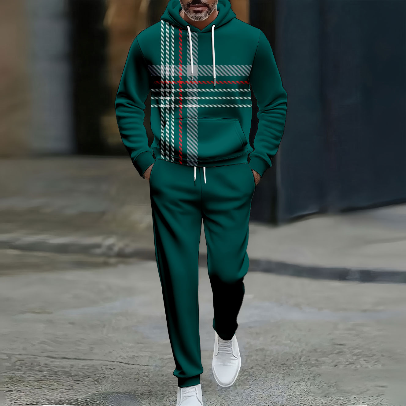 Men's Casual Color Matching Checked Printed Hooded Long Sleeved Trousers Dark Green Two-Piece Set