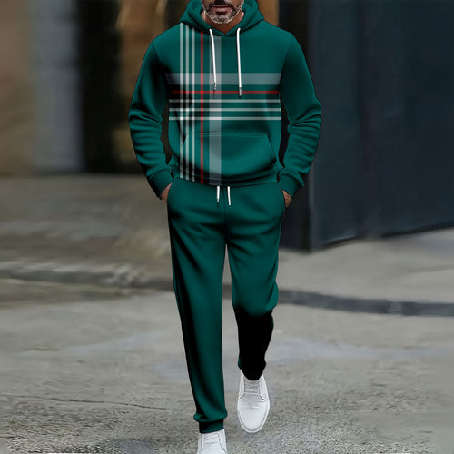 Men's Casual Color Matching Checked Printed Hooded Long Sleeved Trousers Dark Green Two-Piece Set