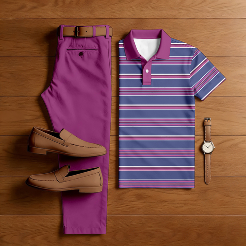 Men's Casual Purple & Navy Blue Color Matching Striped Printed Short Sleeved Polo Shirt & Trousers Two-Piece Set