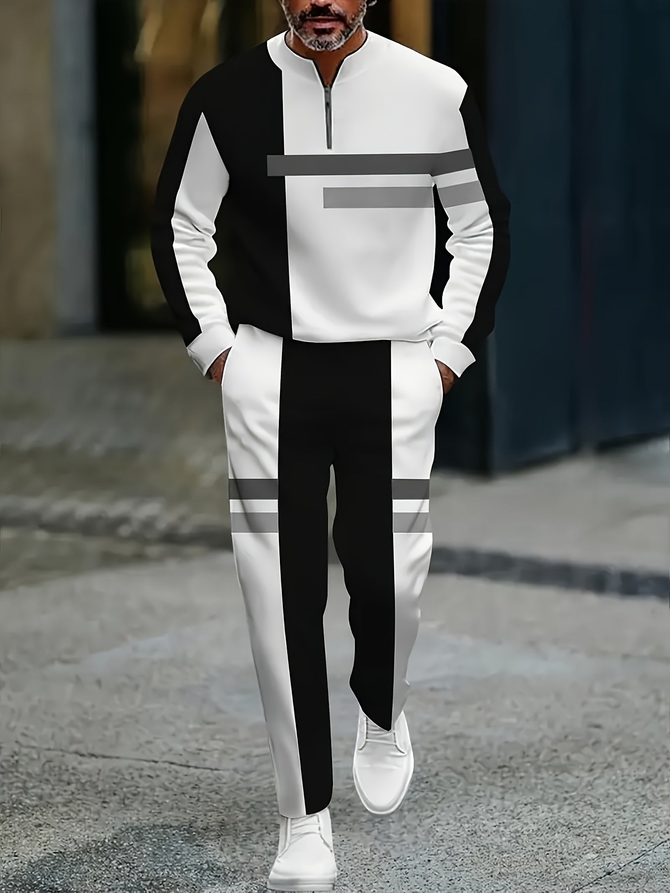 Men's Casual Color Matching Printed Round-Neck Zipper Long Sleeved Trousers Two-Piece Set