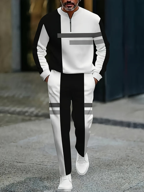 Men's Casual Color Matching Printed Round-Neck Zipper Long Sleeved Trousers Two-Piece Set