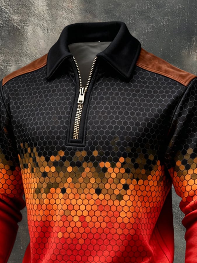 Men's Retro Color Block Print Color-Blocked Zip-Up Sweatshirt