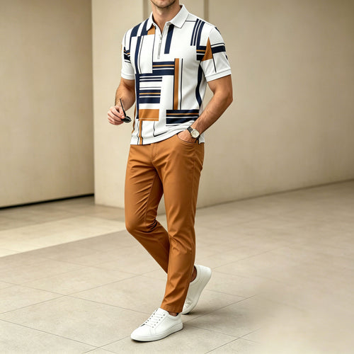 Men's Casual White Printed Polo Shirt And Pants Two-Piece Set