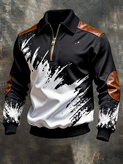 Men's Vintage Color-Block Printed Zip-Up Hoodie