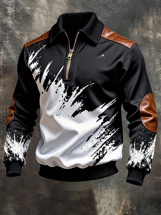 Men's Vintage Color-Block Printed Zip-Up Hoodie