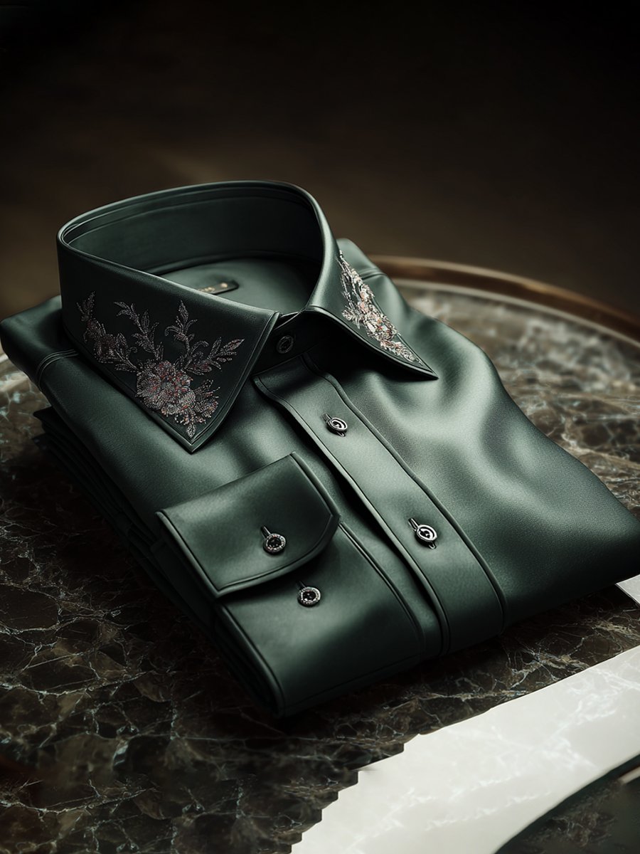 Men's Satin Luxury European Pattern Long Sleeve Button-Down Shirt