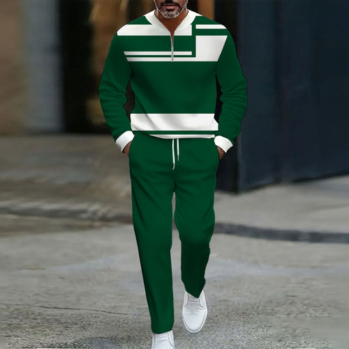 Men's Casual Green & White Color Matching Geometric Printed Round Neck Zipper Long-Sleeve Sweatshirt & Pants Two-Piece Set