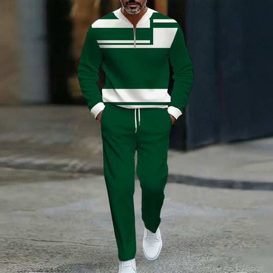Men's Casual Green & White Color Matching Geometric Printed Round Neck Zipper Long-Sleeve Sweatshirt & Pants Two-Piece Set