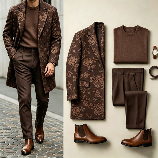 Men's Flower Three-Piece Set: Mid-Length Wool Coat, Crew-Neck Sweater, and Flowy Dress Pants