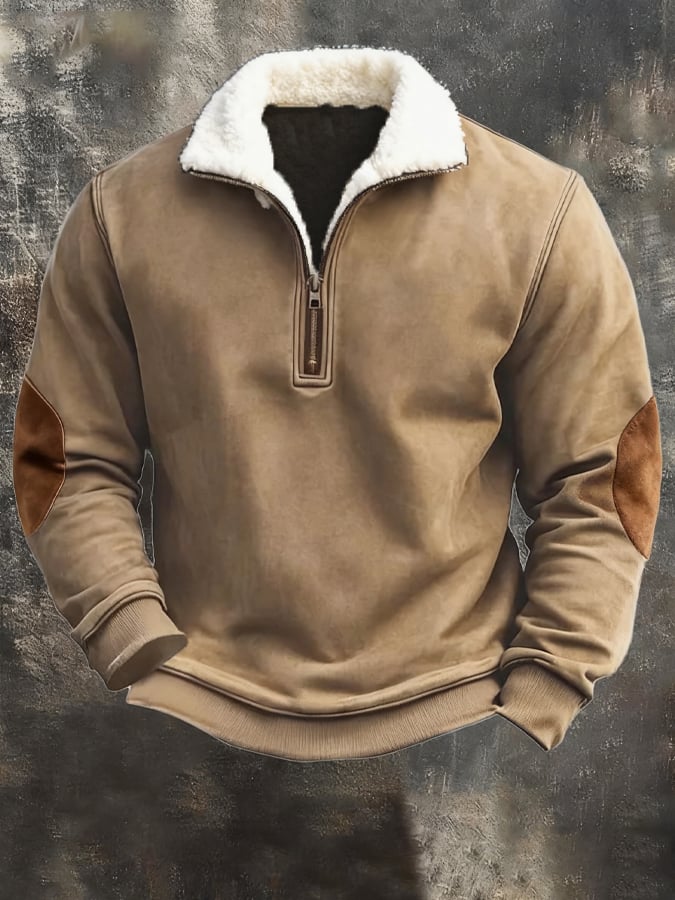 Men's Vintage Distressed Plush Lapel Warm Sweatshirt