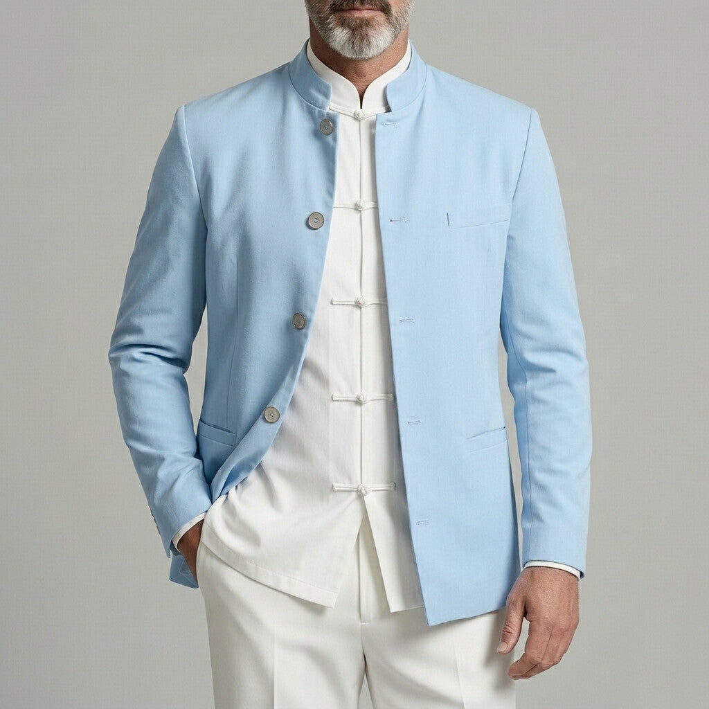 Men's Mandarin Collar Welt Pockets Single Breasted Solid Color Jacket