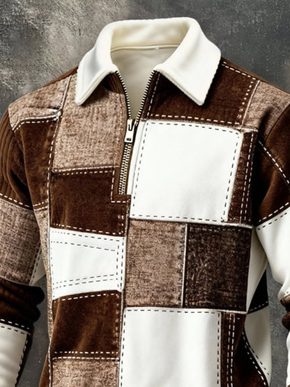 Men's Retro Color Block Print Color-Blocked Zip-Up Sweatshirt
