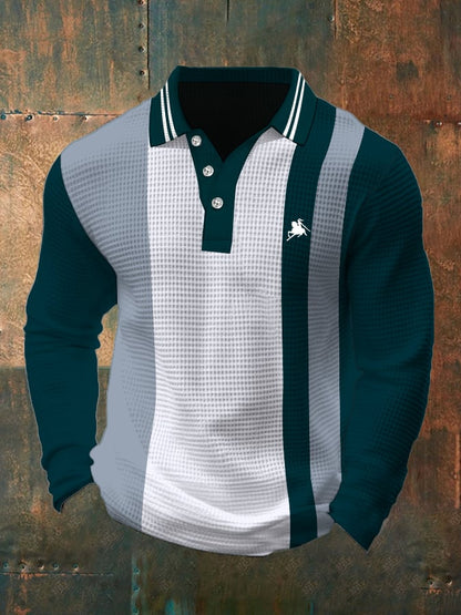 Men's Business Casual Waffle Fabric Long Sleeve Polo Shirt