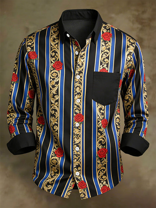 Men's Retro Business Casual Baroque Rose Striped Long-Sleeved Shirt