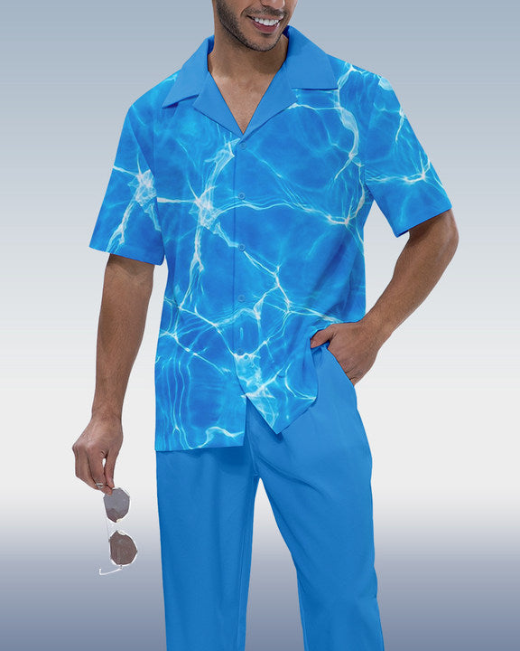Rianmond Men's Ombre Print Short Sleeve Shirt Walking Set 372