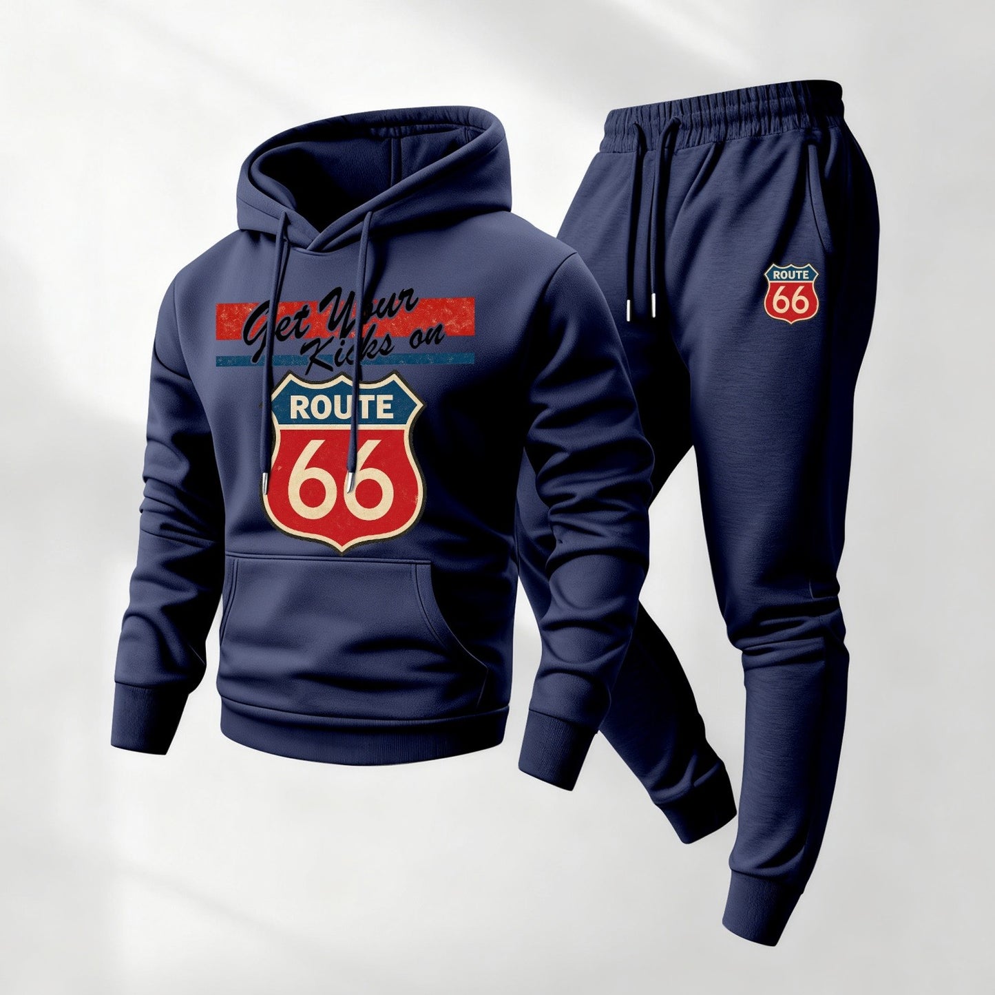 Men's Route 66 Retro Patterned Hoodie And Drawstring Track Pants Set, Men's Casual Athletic Long-Sleeved Hooded Jacket And Pants, Suitable For Fall And Winter, Street Style Hoodie Set, Men's Everyday Wear, Indoor And Outdoor Sportswear,